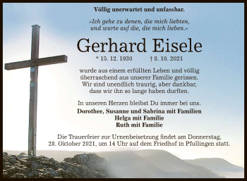 Anzeige von Gerhard Eisele von Reutlinger General-Anzeiger