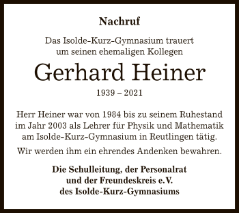 Anzeige von Gerhard Heiner von Reutlinger General-Anzeiger