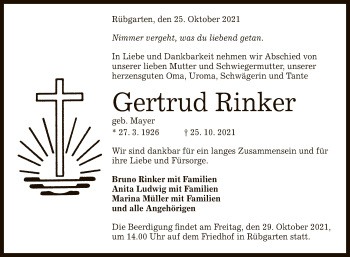 Anzeige von Gertrud Rinker von Reutlinger General-Anzeiger