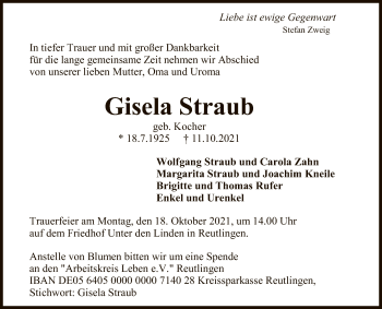 Anzeige von Gisela Straub von Reutlinger General-Anzeiger