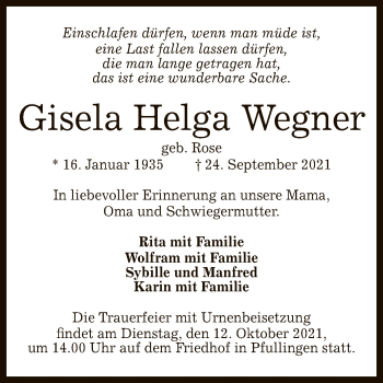 Anzeige von Gisela Helga Wegner von Reutlinger General-Anzeiger