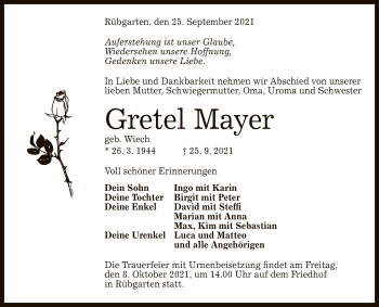 Anzeige von Gretel Mayer von Reutlinger General-Anzeiger