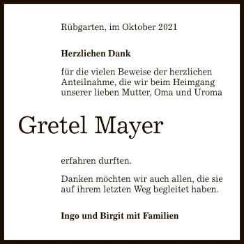 Anzeige von Gretel Mayer von Reutlinger General-Anzeiger