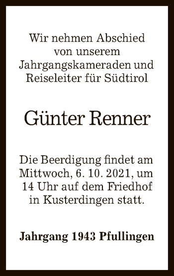 Anzeige von Günter Renner von Reutlinger General-Anzeiger