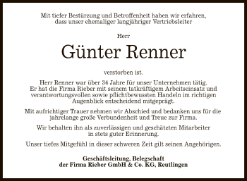 Anzeige von Günter Renner von Reutlinger General-Anzeiger