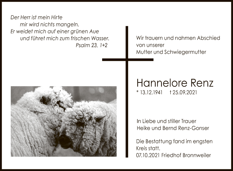  Traueranzeige für Hannelore Renz vom 08.10.2021 aus Reutlinger General-Anzeiger