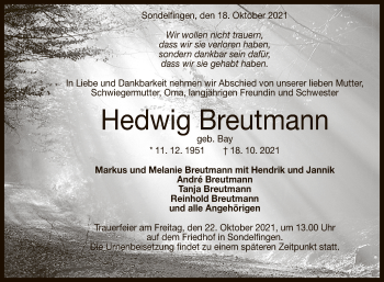 Anzeige von Hedwig Breutmann von Reutlinger General-Anzeiger