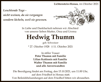 Anzeige von Hedwig Thumm von Reutlinger General-Anzeiger