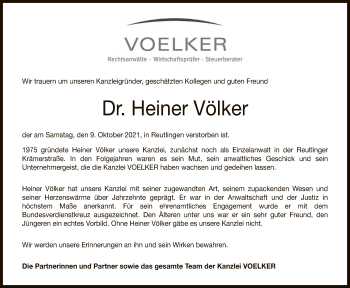 Anzeige von Heiner Völker von Reutlinger General-Anzeiger