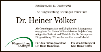 Anzeige von Heiner Völker von Reutlinger General-Anzeiger