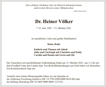 Anzeige von Heiner Völker von Reutlinger General-Anzeiger