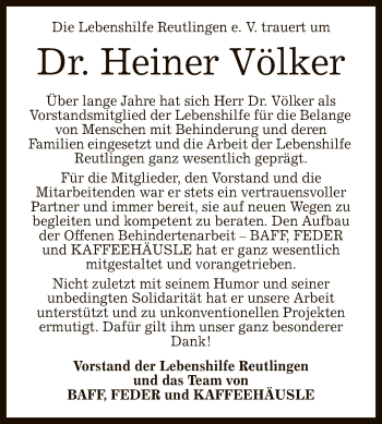 Anzeige von Heiner Völker von Reutlinger General-Anzeiger