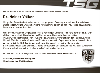 Anzeige von Heiner Völker von Reutlinger General-Anzeiger