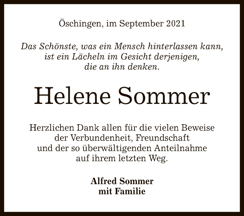  Traueranzeige für Helene Sommer vom 02.10.2021 aus Reutlinger General-Anzeiger