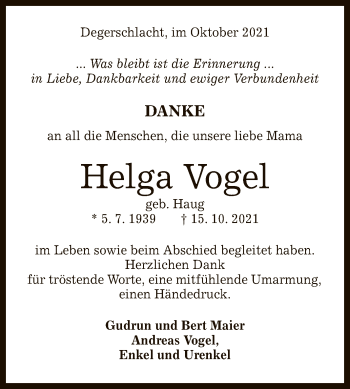 Anzeige von Helga Vogel von Reutlinger General-Anzeiger