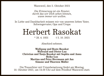 Anzeige von Herbert Rasokat von Reutlinger General-Anzeiger