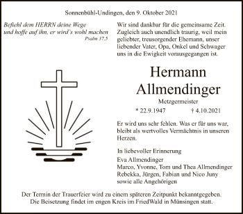 Anzeige von Hermann Allmendinger von Reutlinger General-Anzeiger
