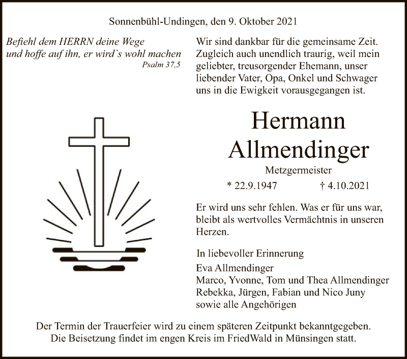  Traueranzeige für Hermann Allmendinger vom 09.10.2021 aus Reutlinger General-Anzeiger