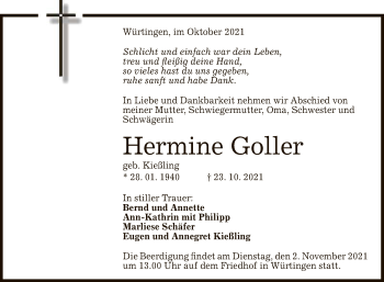 Anzeige von Hermine Goller von Reutlinger General-Anzeiger