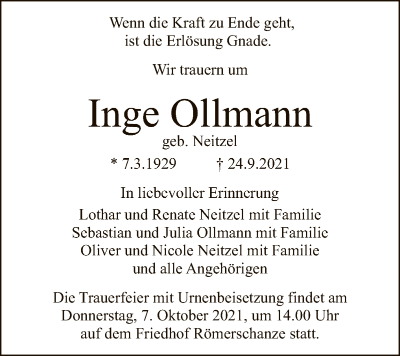  Traueranzeige für Inge Ollmann vom 04.10.2021 aus Reutlinger General-Anzeiger