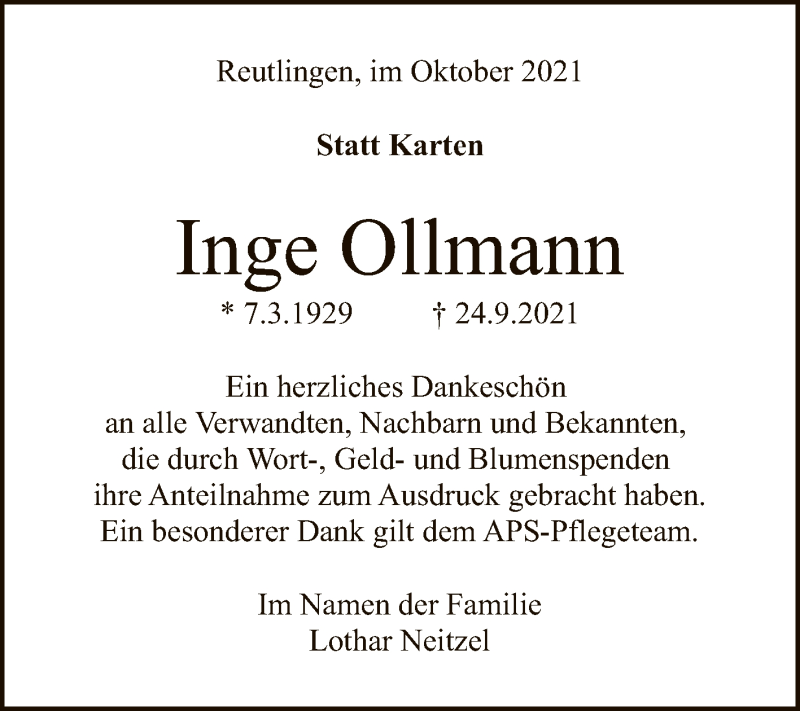  Traueranzeige für Inge Ollmann vom 13.10.2021 aus Reutlinger General-Anzeiger