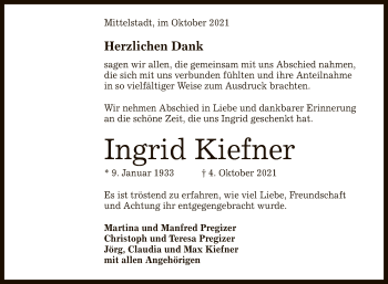 Anzeige von Ingrid Kiefner von Reutlinger General-Anzeiger