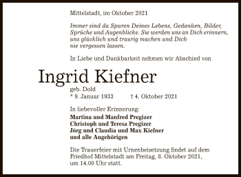 Anzeige von Ingrid Kiefner von Reutlinger General-Anzeiger