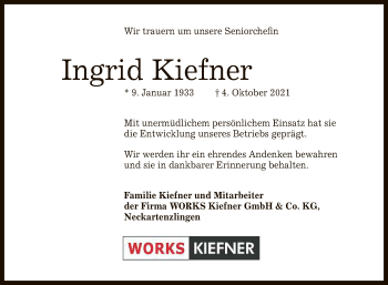 Anzeige von Ingrid Kiefner von Reutlinger General-Anzeiger