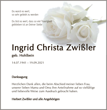Anzeige von Ingrid Christa Zwißler von Reutlinger General-Anzeiger