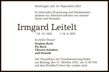 Anzeige von Irmgard Leitelt von Reutlinger General-Anzeiger