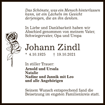 Anzeige von Johann Zindl von Reutlinger General-Anzeiger
