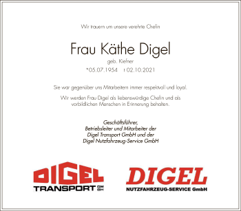 Anzeige von Käthe Digel von Reutlinger General-Anzeiger