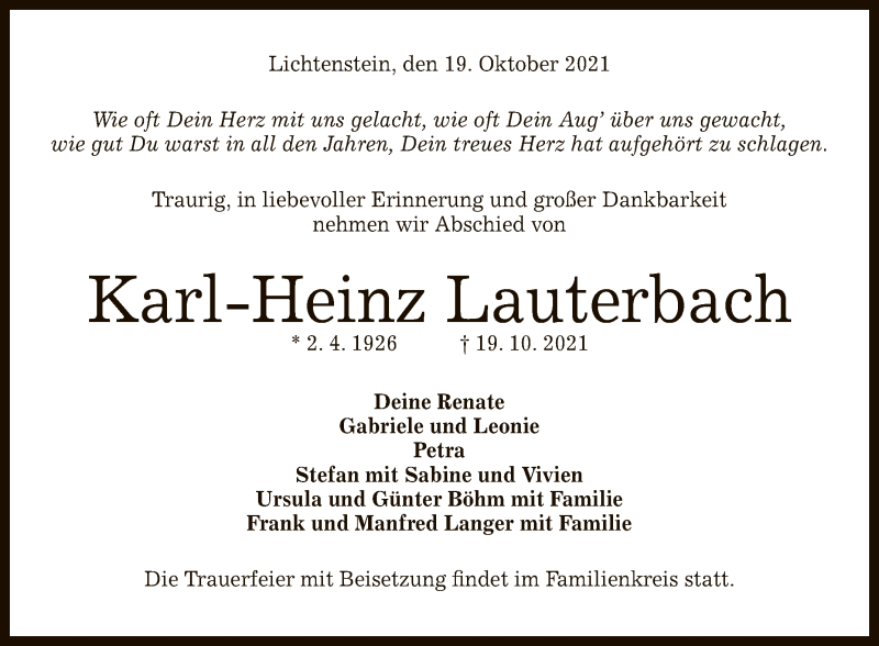  Traueranzeige für Karl-Heinz Lauterbach vom 23.10.2021 aus Reutlinger General-Anzeiger