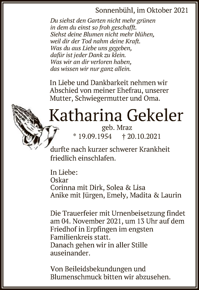  Traueranzeige für Katharina Gekeler vom 30.10.2021 aus Reutlinger General-Anzeiger