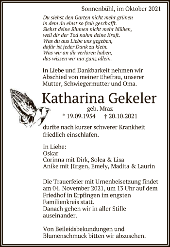 Anzeige von Katharina Gekeler von Reutlinger General-Anzeiger