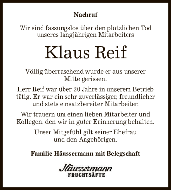 Anzeige von Klaus Reif von Reutlinger General-Anzeiger