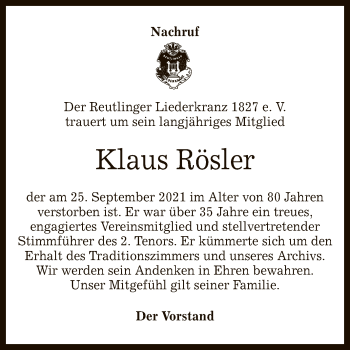 Anzeige von Klaus Rösler von Reutlinger General-Anzeiger