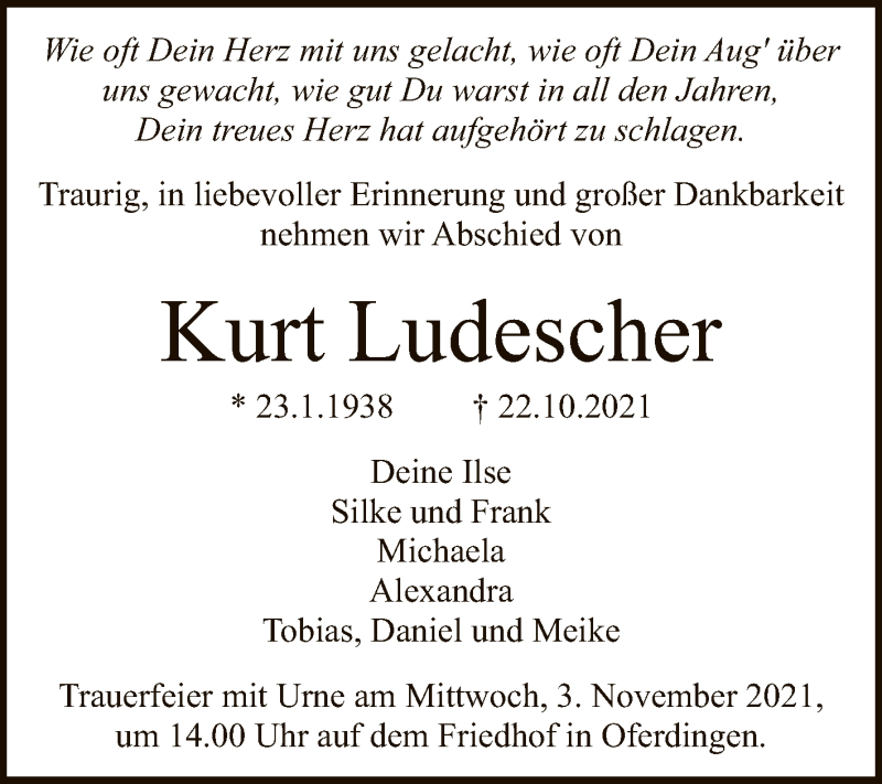  Traueranzeige für Kurt Ludescher vom 30.10.2021 aus Reutlinger General-Anzeiger