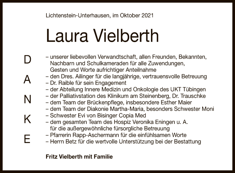  Traueranzeige für Laura Vielberth vom 30.10.2021 aus Reutlinger General-Anzeiger