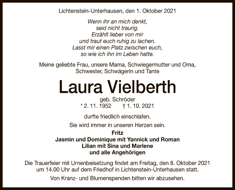  Traueranzeige für Laura Vielberth vom 05.10.2021 aus Reutlinger General-Anzeiger