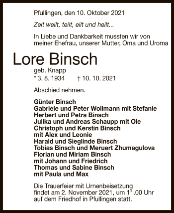Anzeige von Lore Binsch von Reutlinger General-Anzeiger