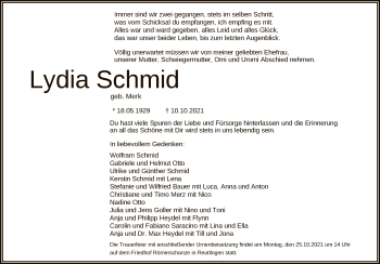 Anzeige von Lydia Schmid von Reutlinger General-Anzeiger