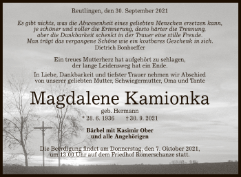 Anzeige von Magdalene Kamionka von Reutlinger General-Anzeiger
