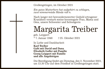 Anzeige von Margarita Treiber von Reutlinger General-Anzeiger