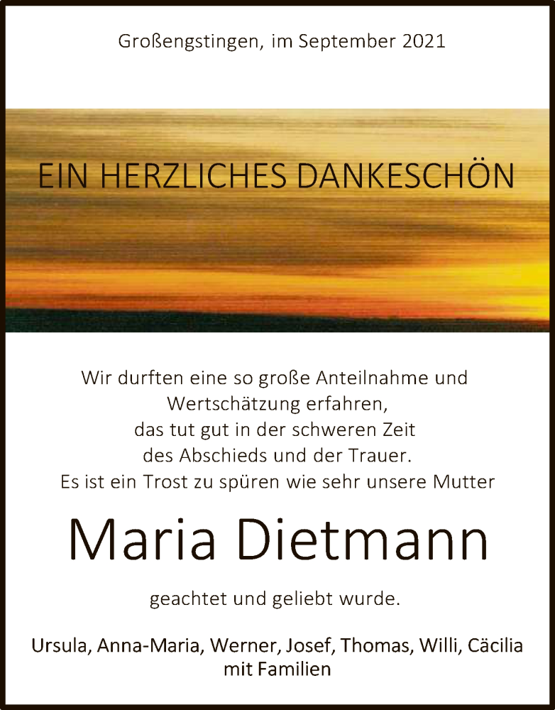  Traueranzeige für Maria Dietmann vom 02.10.2021 aus Reutlinger General-Anzeiger