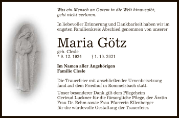 Anzeige von Maria Götz von Reutlinger General-Anzeiger