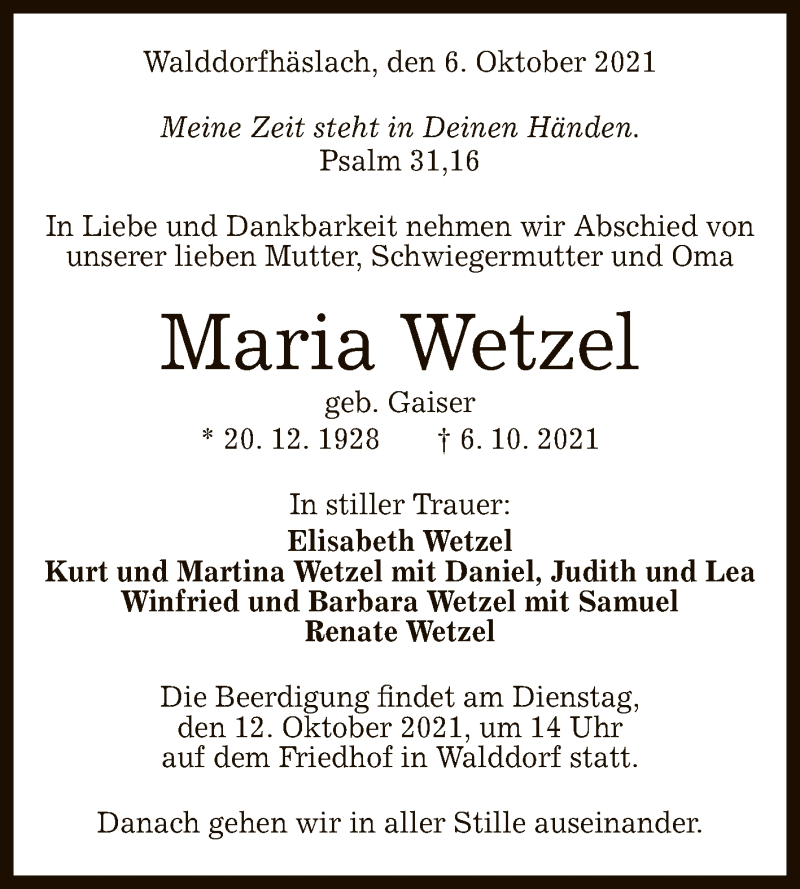  Traueranzeige für Maria Wetzel vom 09.10.2021 aus Reutlinger General-Anzeiger