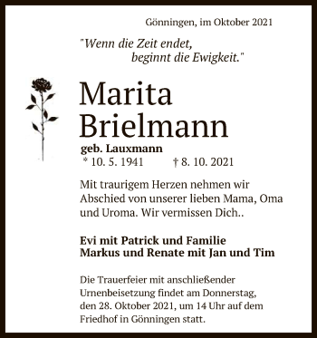 Anzeige von Marita Brielmann von Reutlinger General-Anzeiger