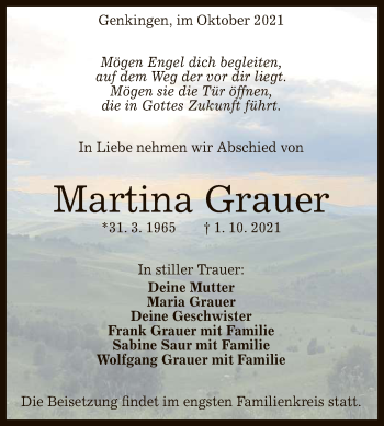 Anzeige von Martina Grauer von Reutlinger General-Anzeiger