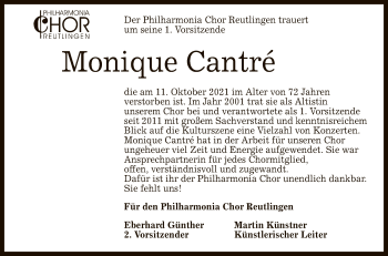Anzeige von Monique Cantré von Reutlinger General-Anzeiger